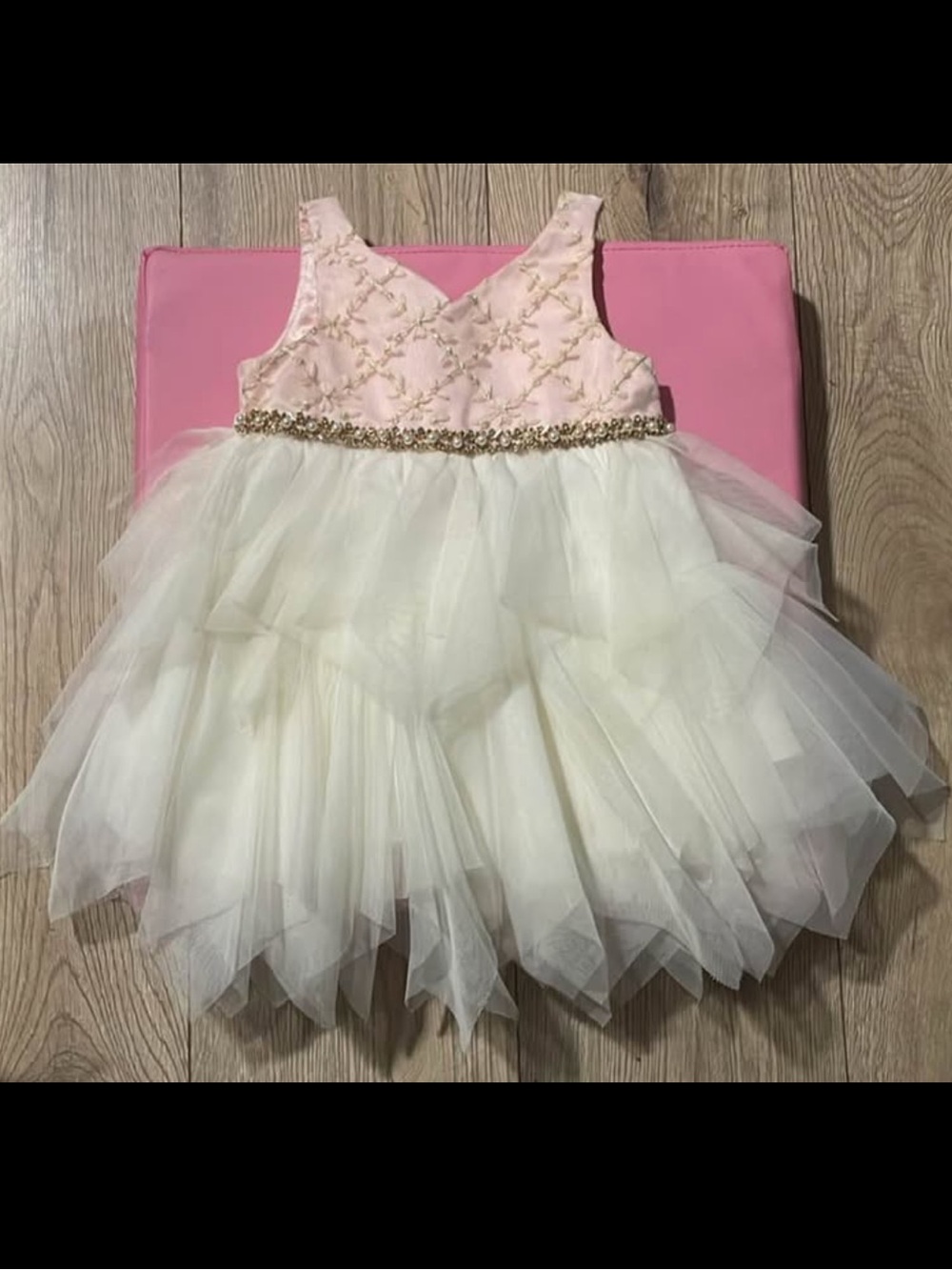 Girls Pink & White Tulle Party Dress with Gold Trim